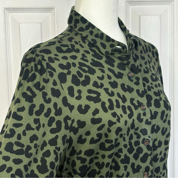 Chadwicks Green & Black Leopard Animal Print Button Down Shirt Dress 8P - Picture 5 of 16